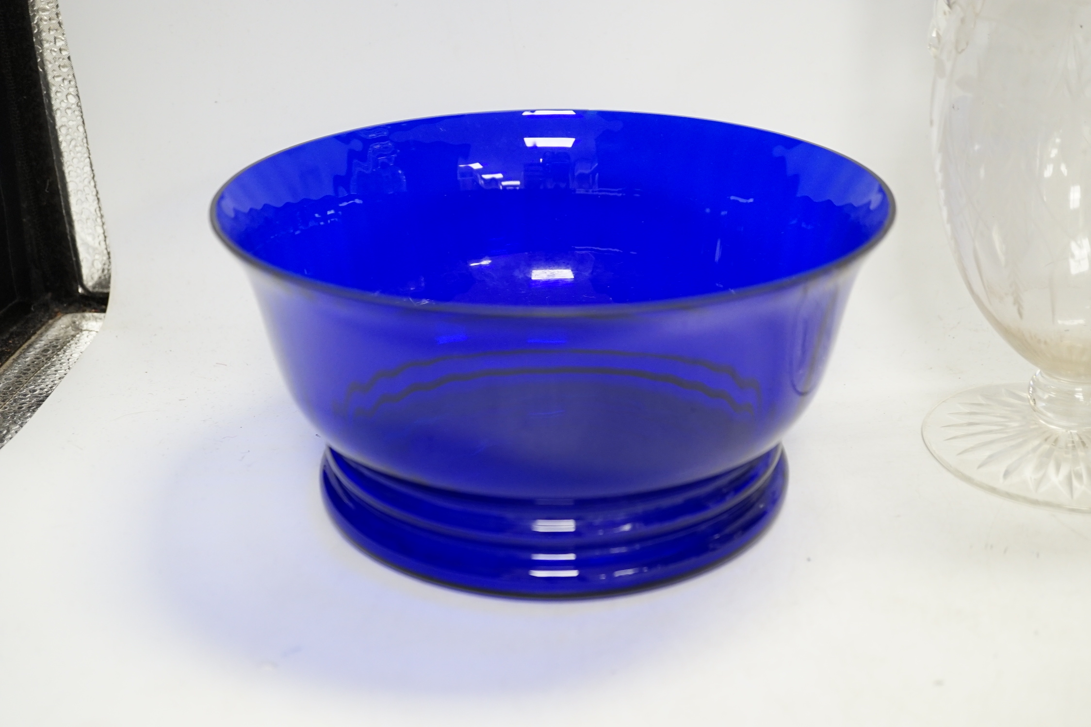 A Victorian ewer, a flask, two finger bowls and a blue glass bowl, ewer 30cm high